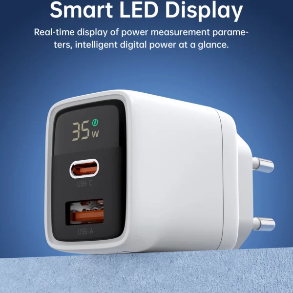 Choetech PD6052 USB-C USB-A PD 35W GaN wall charger with display - whiteeng