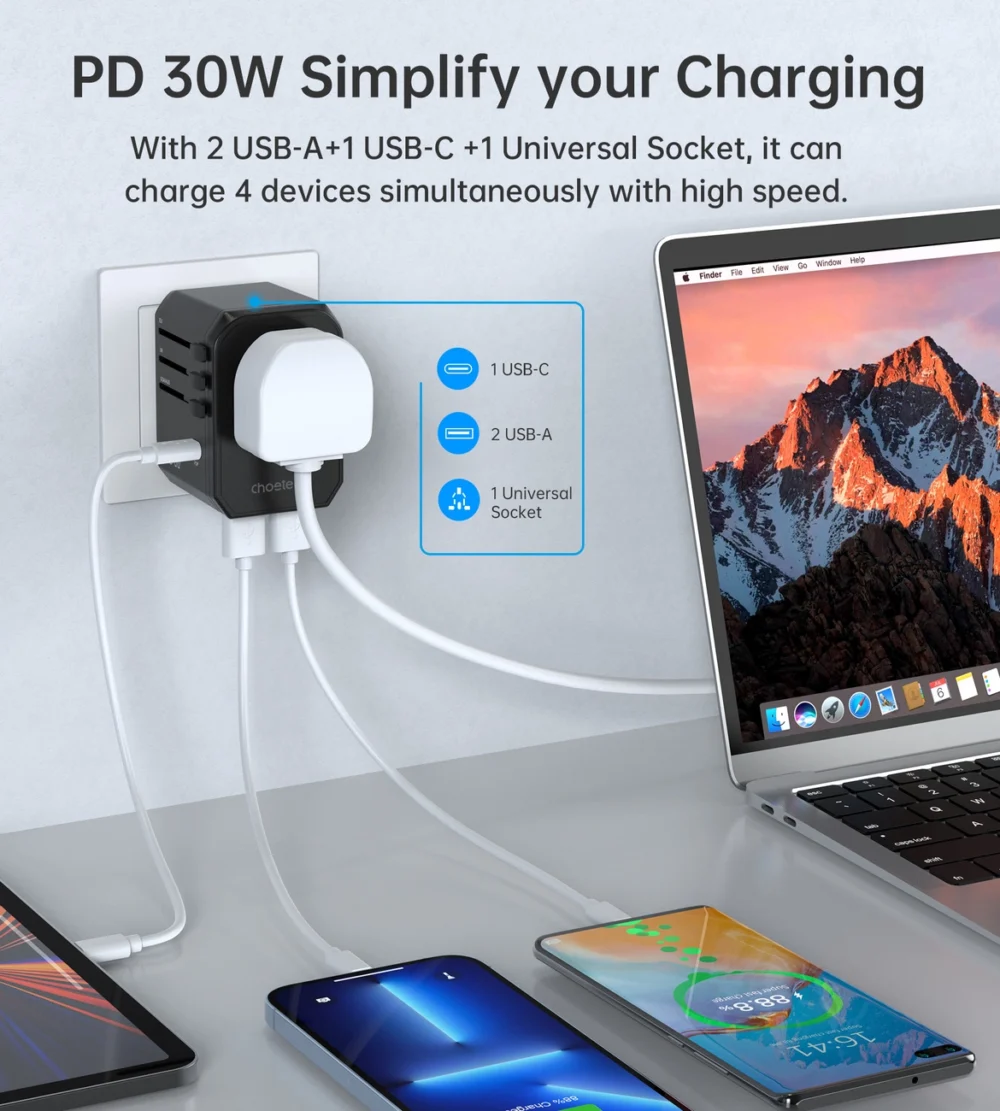 Choetech PD6041 USB-C USB-A PD 30W Travel Charger with 4 Plugs USA EU UK AU - Blackeng