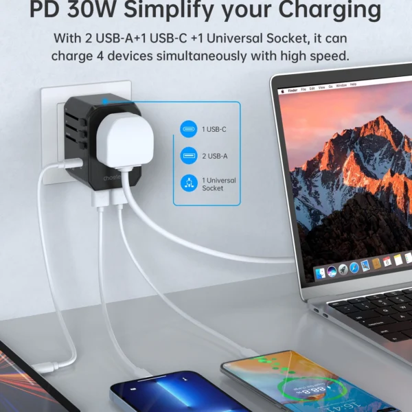 Choetech PD6041 USB-C USB-A PD 30W Travel Charger with 4 Plugs USA EU UK AU - Blackeng