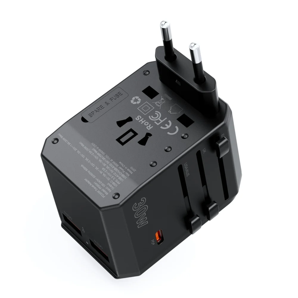 Choetech PD6041 USB-C USB-A PD 30W Travel Charger with 4 Plugs USA EU UK AU - Blackeng