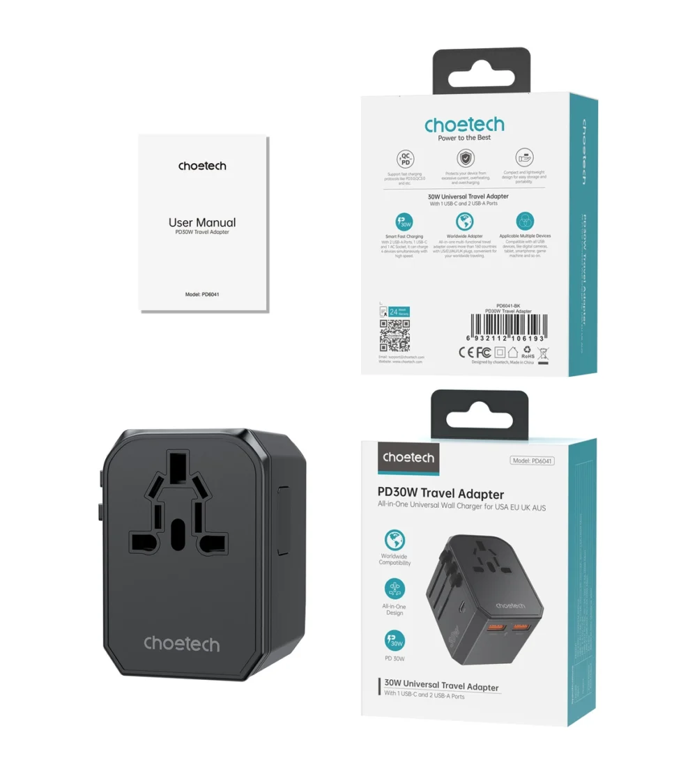 Choetech PD6041 USB-C USB-A PD 30W Travel Charger with 4 Plugs USA EU UK AU - Blackeng