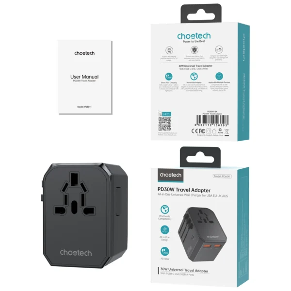 Choetech PD6041 USB-C USB-A PD 30W Travel Charger with 4 Plugs USA EU UK AU - Blackeng