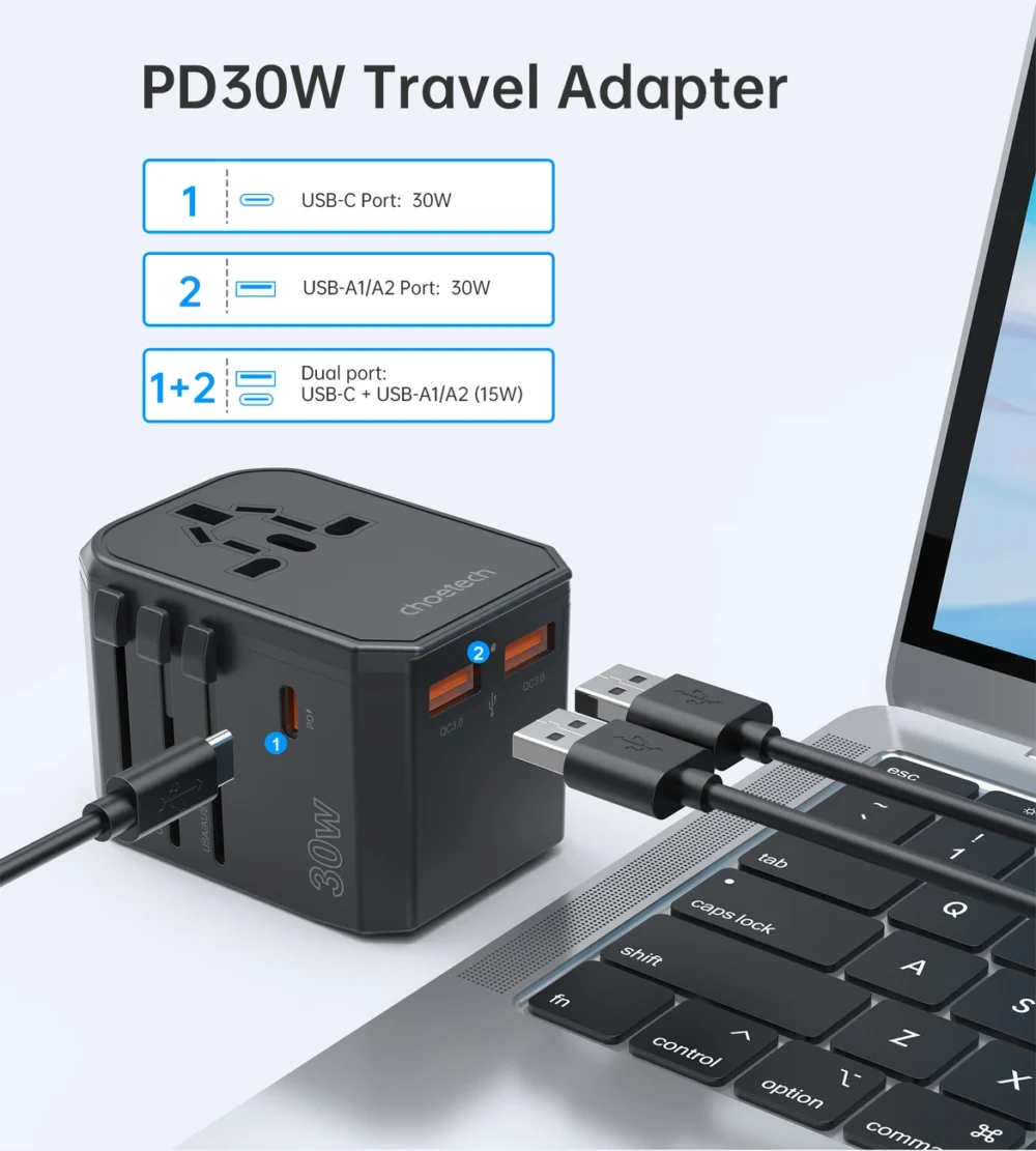 Choetech PD6041 USB-C USB-A PD 30W Travel Charger with 4 Plugs USA EU UK AU - Blackeng