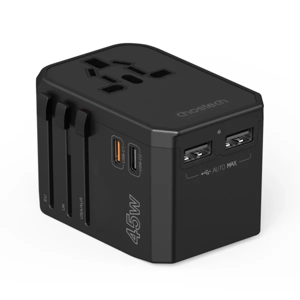 Choetech PD6045 USB-C USB-A 45W GaN Travel Charger with US EU UK AU Plugs - Blackeng