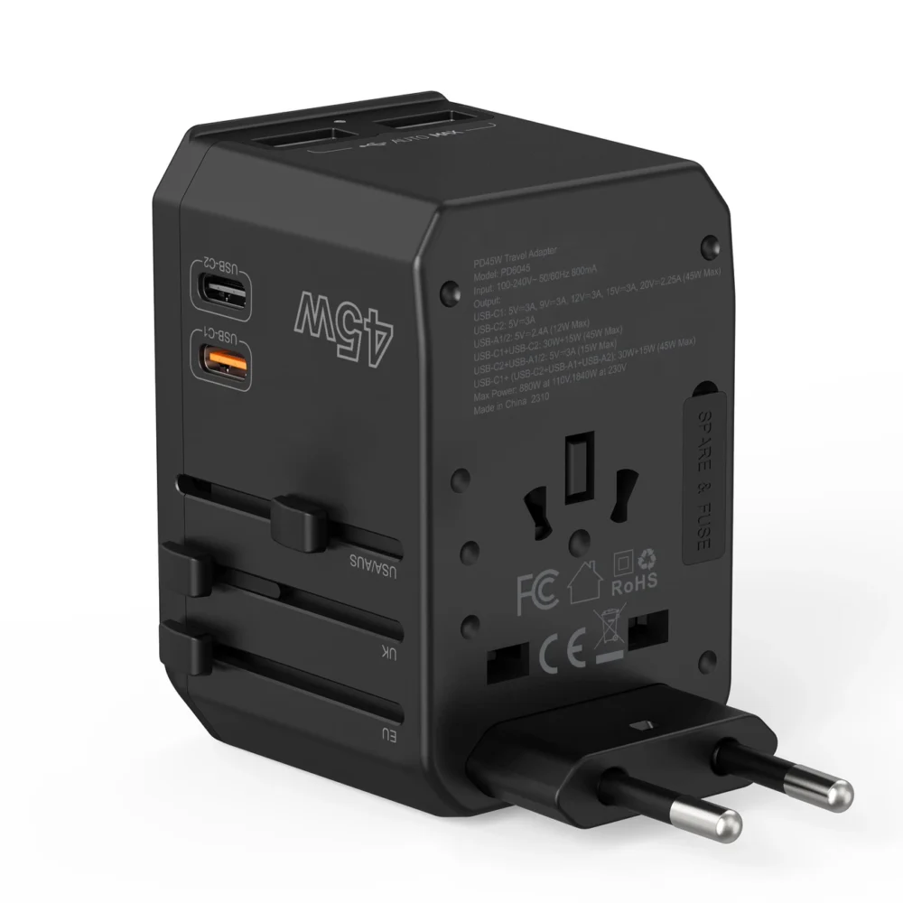 Choetech PD6045 USB-C USB-A 45W GaN Travel Charger with US EU UK AU Plugs - Blackeng