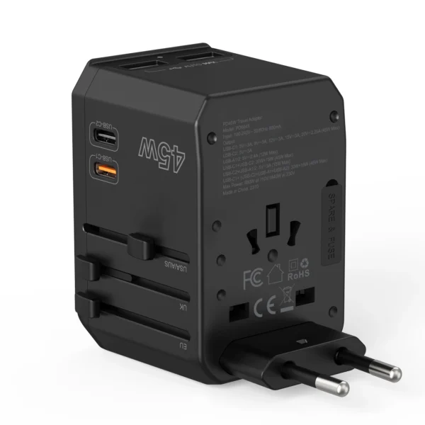 Choetech PD6045 USB-C USB-A 45W GaN Travel Charger with US EU UK AU Plugs - Blackeng