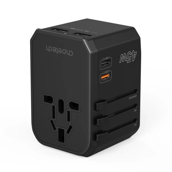 Choetech PD6045 USB-C USB-A 45W GaN Travel Charger with US EU UK AU Plugs - Blackeng