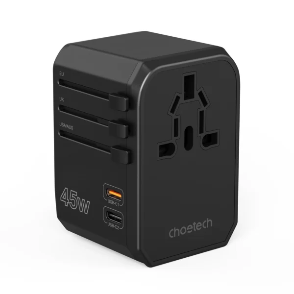 Choetech PD6045 USB-C USB-A 45W GaN Travel Charger with US EU UK AU Plugs - Blackeng