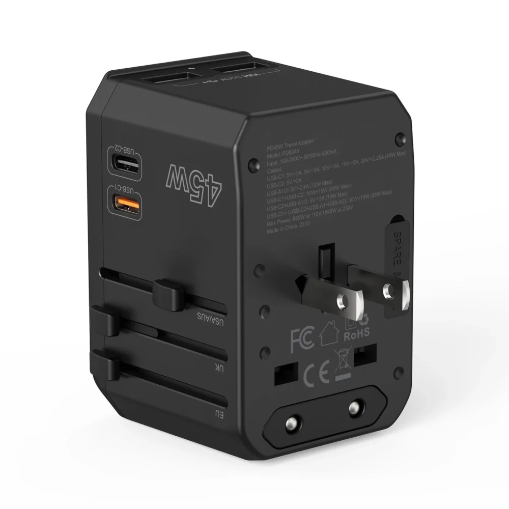 Choetech PD6045 USB-C USB-A 45W GaN Travel Charger with US EU UK AU Plugs - Blackeng