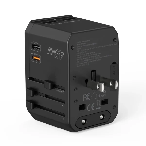 Choetech PD6045 USB-C USB-A 45W GaN Travel Charger with US EU UK AU Plugs - Blackeng
