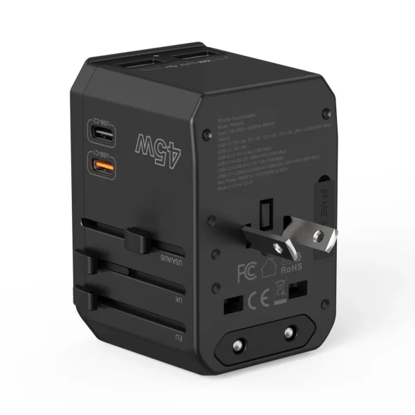 Choetech PD6045 USB-C USB-A 45W GaN Travel Charger with US EU UK AU Plugs - Blackeng
