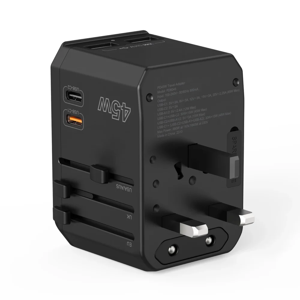Choetech PD6045 USB-C USB-A 45W GaN Travel Charger with US EU UK AU Plugs - Blackeng