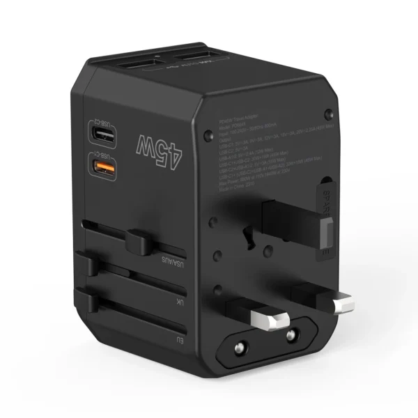 Choetech PD6045 USB-C USB-A 45W GaN Travel Charger with US EU UK AU Plugs - Blackeng