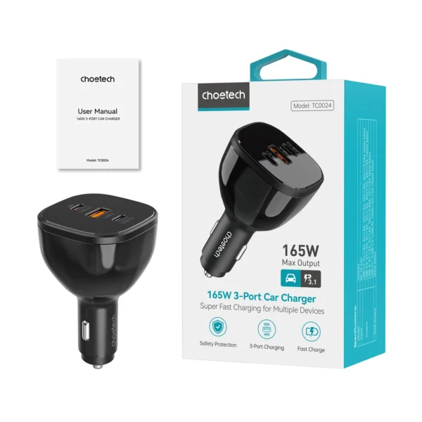 Choetech TC0024 car charger 160W 2x USB-C PD 3.1 1x USB-A - blackeng