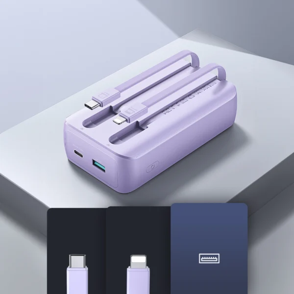 Joyroom JR-PBC07 20000mAh 30W mini power bank with USB-C and Lightning cables - purpleeng