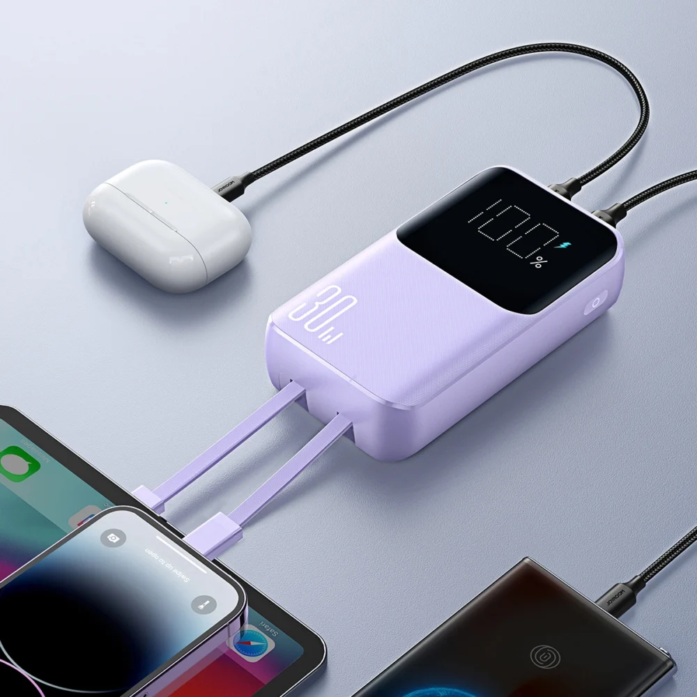 Joyroom JR-PBC07 20000mAh 30W mini power bank with USB-C and Lightning cables - purpleeng