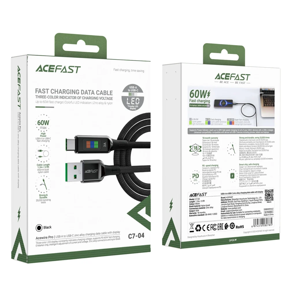 Acefast C7-04 USB-A USB-C 60W 1.2m cable with display - blackeng