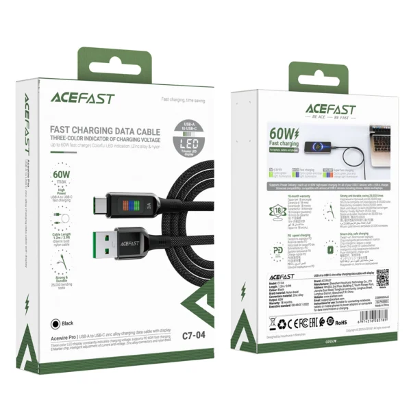 Acefast C7-04 USB-A USB-C 60W 1.2m cable with display - blackeng