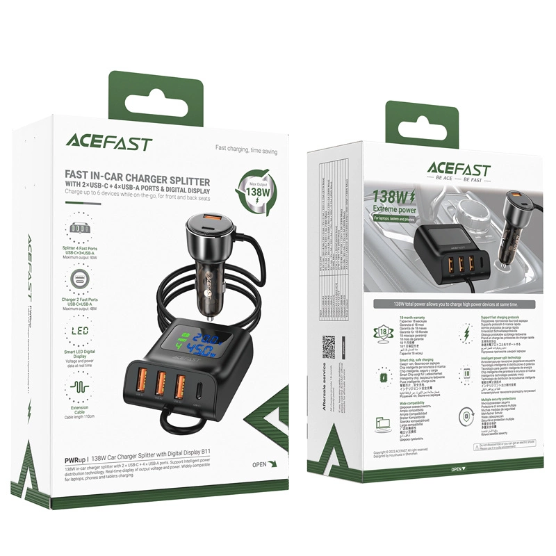 Acefast B11 138W USB-A USB-C Car Charger with 6 Ports - Blackeng