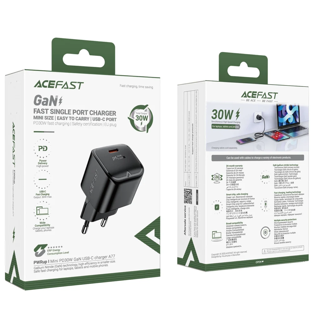 Acefast A77 Mini PD 30W GaN USB-C wall charger - blackeng
