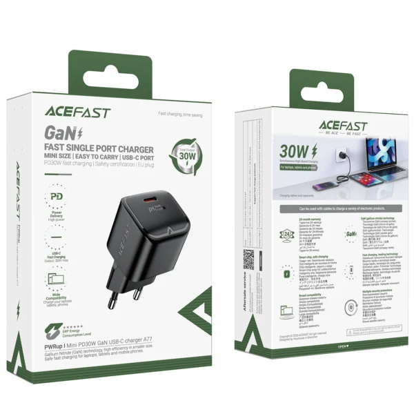 Acefast A77 Mini PD 30W GaN USB-C wall charger - blackeng