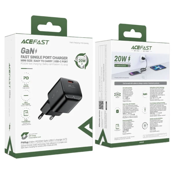 Acefast A73 Mini PD 20W GaN USB-C wall charger - blackeng