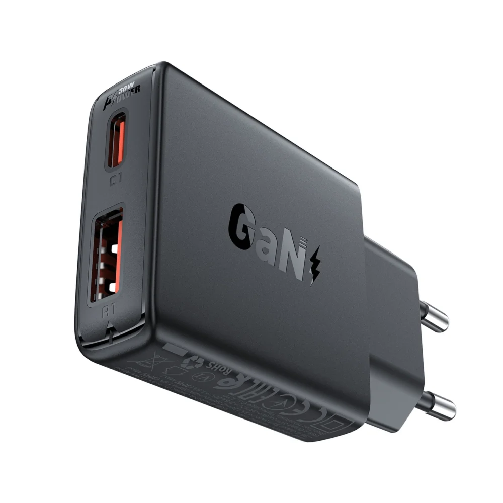 Acefast A69 PD 30W GaN USB-A USB-C ultra slim wall charger - blackeng
