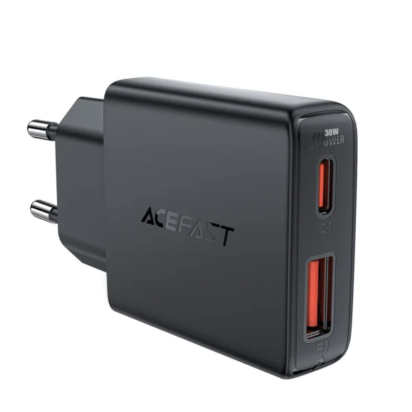 Acefast A69 PD 30W GaN USB-A USB-C ultra slim wall charger - blackeng