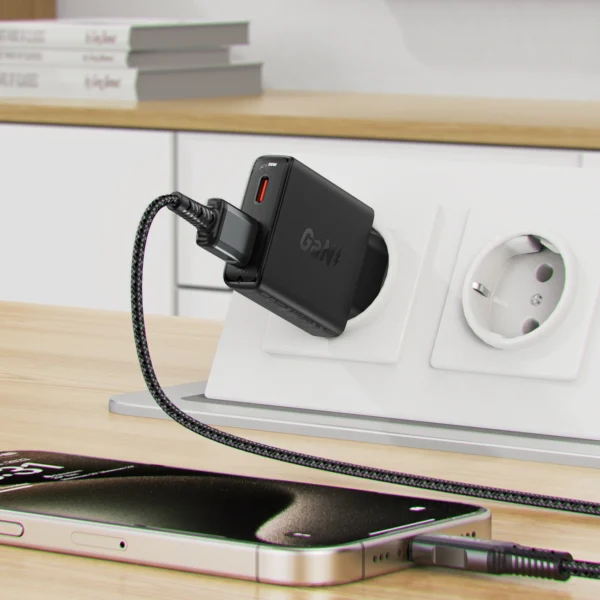 Acefast A69 PD 30W GaN USB-A USB-C ultra slim wall charger - blackeng