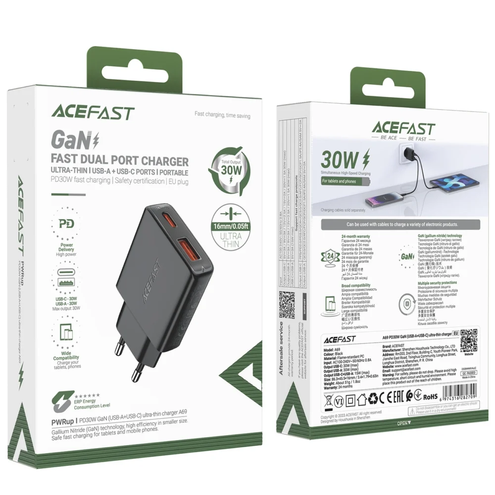 Acefast A69 PD 30W GaN USB-A USB-C ultra slim wall charger - blackeng