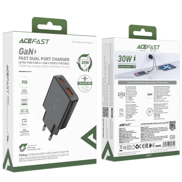 Acefast A69 PD 30W GaN USB-A USB-C ultra slim wall charger - blackeng