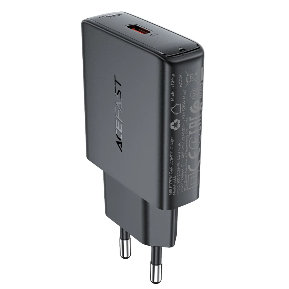 Acefast A65 PD 20W GaN USB-C Ultra Slim Wall Charger - Blackeng