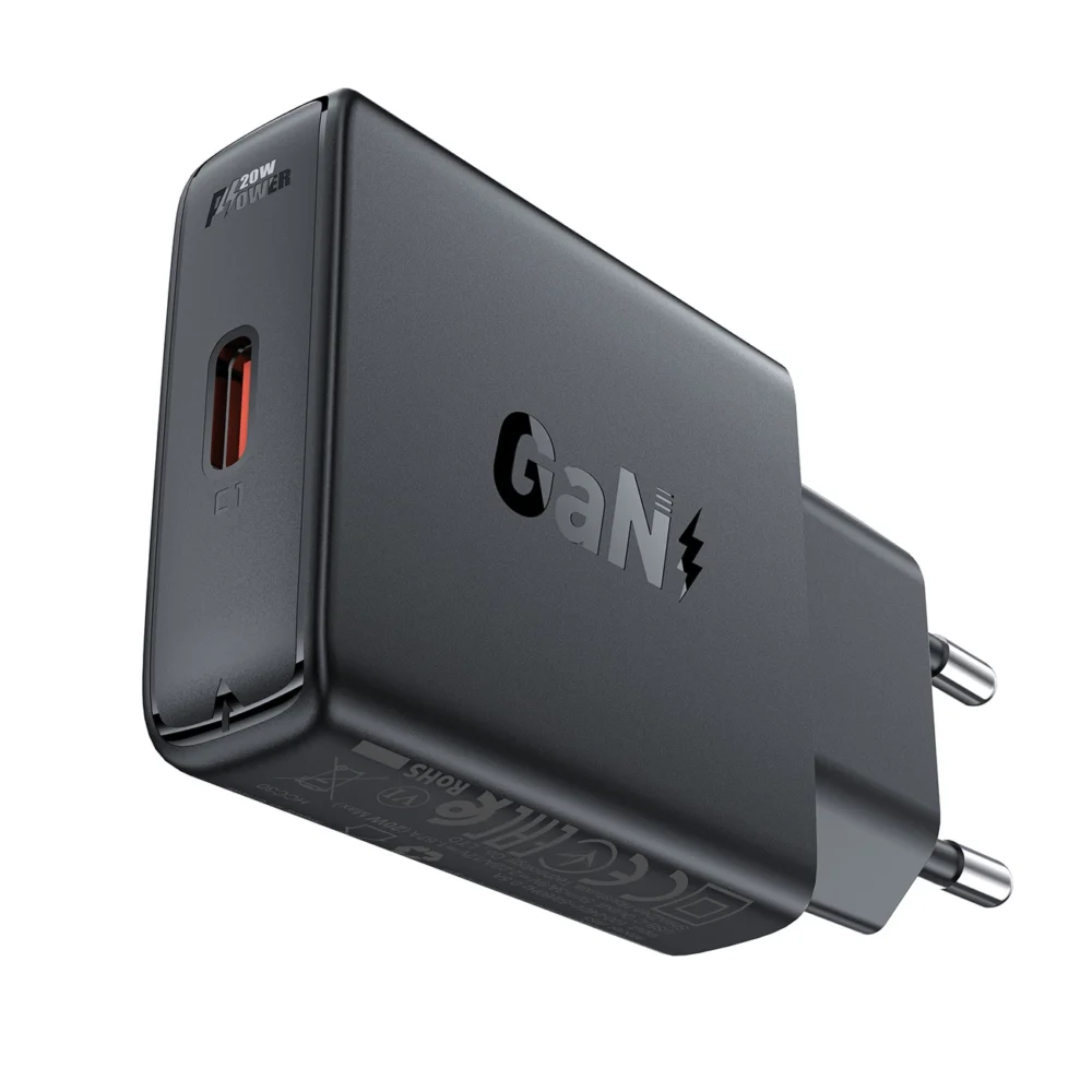 Acefast A65 PD 20W GaN USB-C Ultra Slim Wall Charger - Blackeng