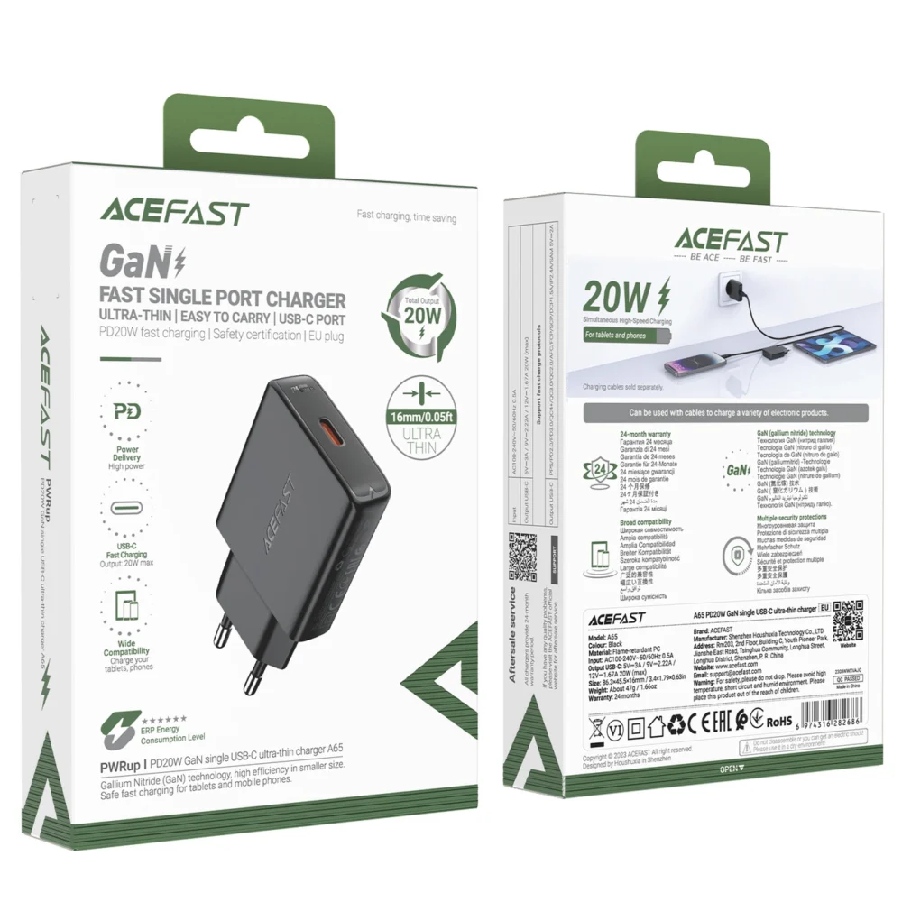 Acefast A65 PD 20W GaN USB-C Ultra Slim Wall Charger - Blackeng