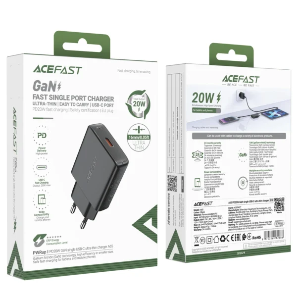 Acefast A65 PD 20W GaN USB-C Ultra Slim Wall Charger - Blackeng