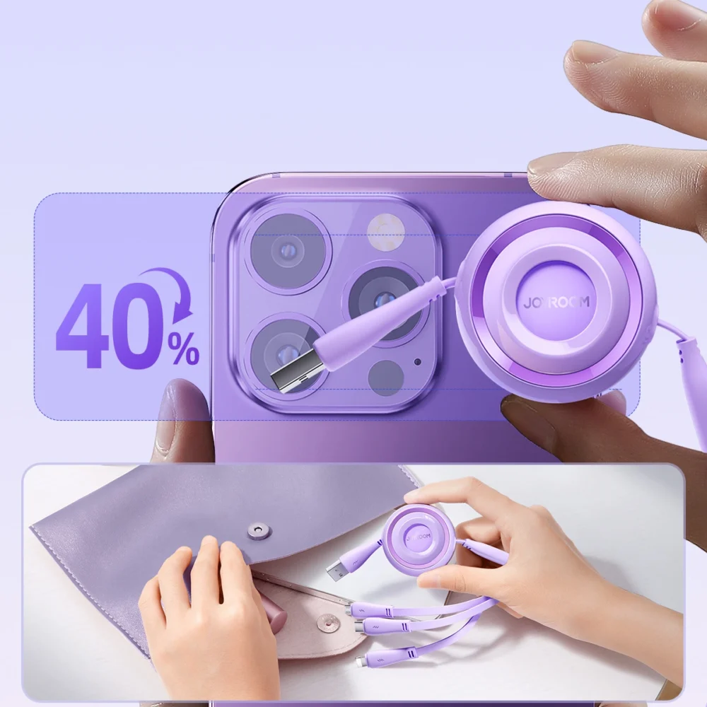 Joyroom Colorful Series S-A40 Cable Retractable 3in1 USB-A - USB-C / Lightning / Micro USB 1m - Purpleeng