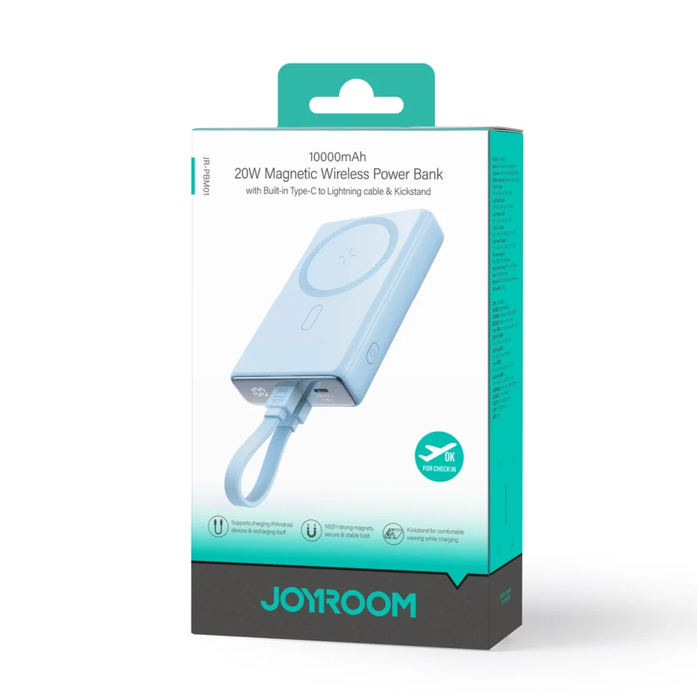 Powerbank Joyroom JR-PBM01 magnetic 10000mAh 20W with stand + Lightning cable - USB-C - blueeng
