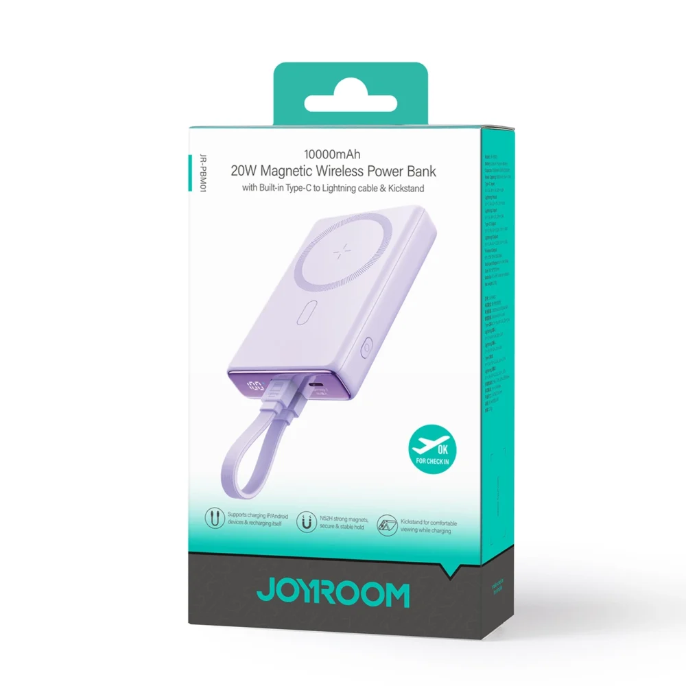 Powerbank Joyroom JR-PBM01 magnetic 10000mAh 20W with stand + Lightning cable - USB-C - purpleeng