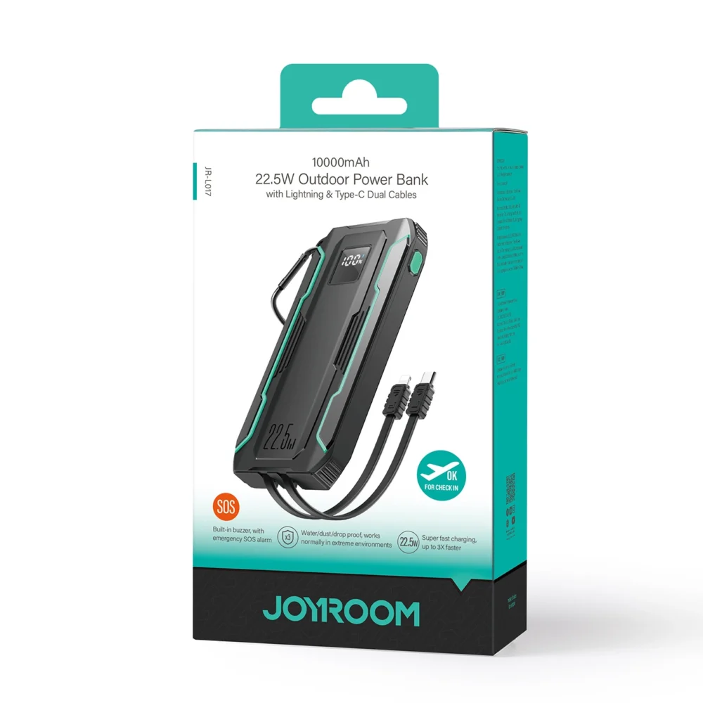 Joyroom JR-L017 22.5W 10000mAh Powerbank with built-in USB-C / Lightning cables - blackeng