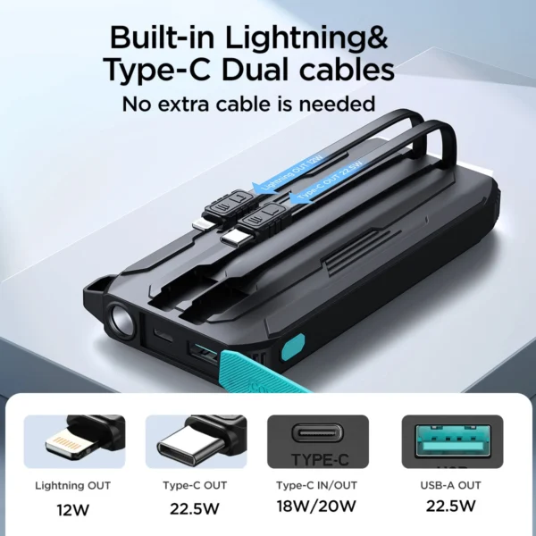 Joyroom JR-L017 22.5W 10000mAh Powerbank with built-in USB-C / Lightning cables - blackeng
