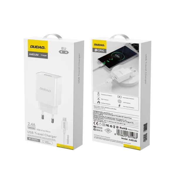 Dudao A4EU USB-A 2.1A wall charger - white + USB-A - micro USB cableeng