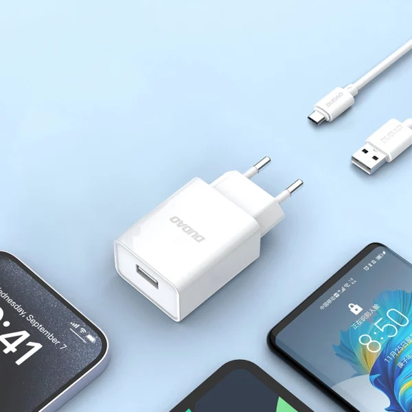 Dudao A4EU USB-A 2.1A wall charger - white + USB-A - micro USB cableeng