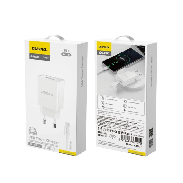 Dudao A4EU USB-A 2.1A wall charger - white + USB-A - USB-C cableeng