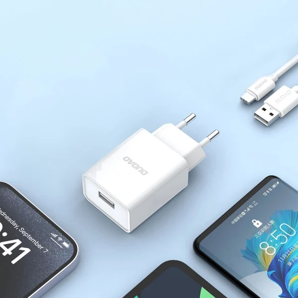 Dudao A4EU USB-A 2.1A wall charger - white + USB-A - USB-C cableeng