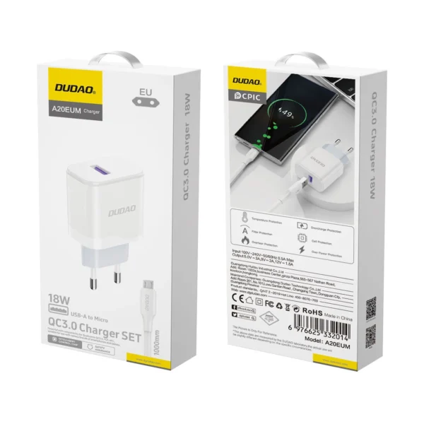 Dudao A20EU USB-A 18W network charger - white + USB-A - micro USB cableeng