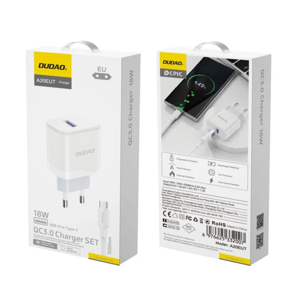 Dudao A20EU USB-A 18W network charger - white + USB-A - USB-C cableeng