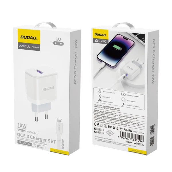 Dudao A20EU USB-A 18W network charger - white + USB-A - Lightning cableeng