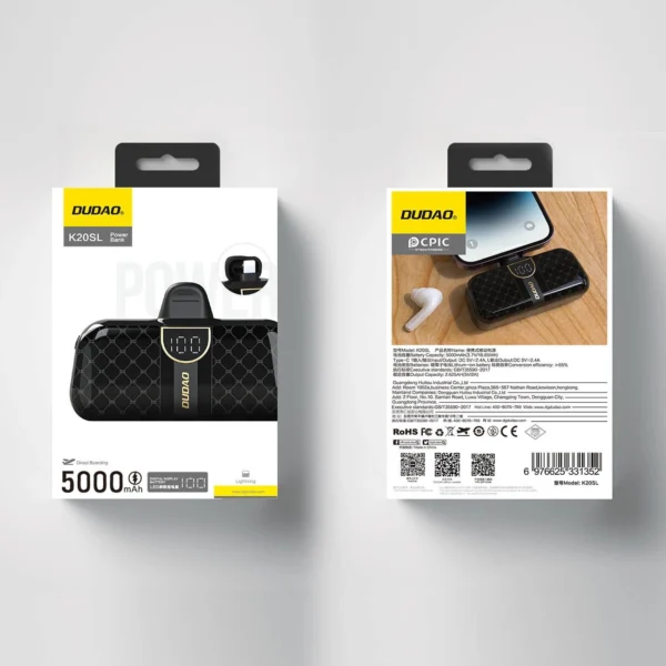 Dudao K20SL 5000mAh mini power bank with Lightning / USB-C connectors - blackeng