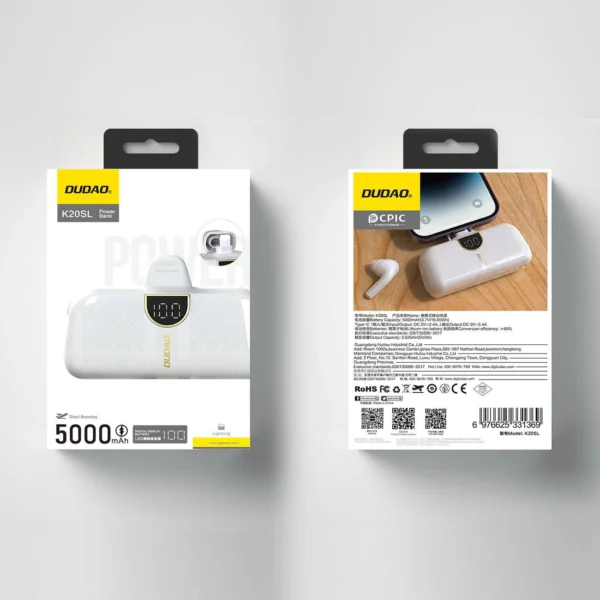 Dudao K20SL 5000mAh mini power bank with Lightning / USB-C connectors - whiteeng