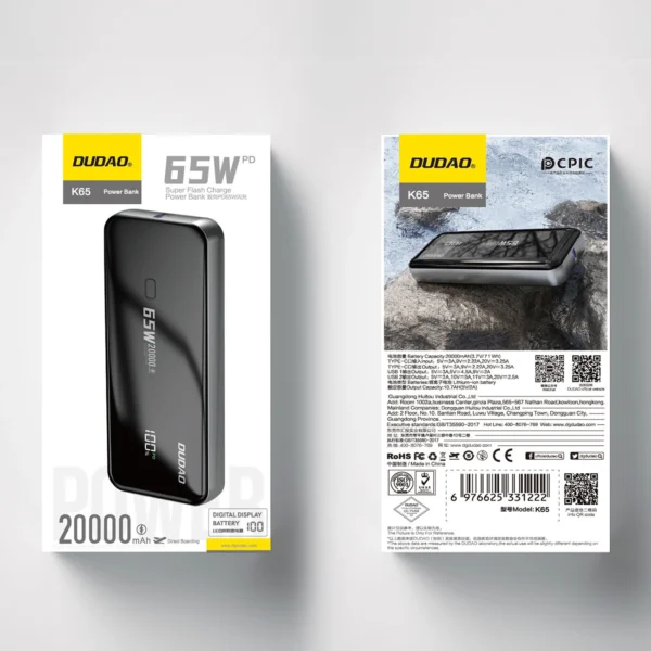 Dudao K65 20000mAh 65W Powerbank 1x USB-C 2x USB-A with display - blackeng